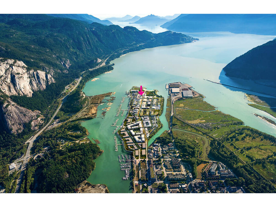 Squamish Oceanfront presentation Centre aerial render